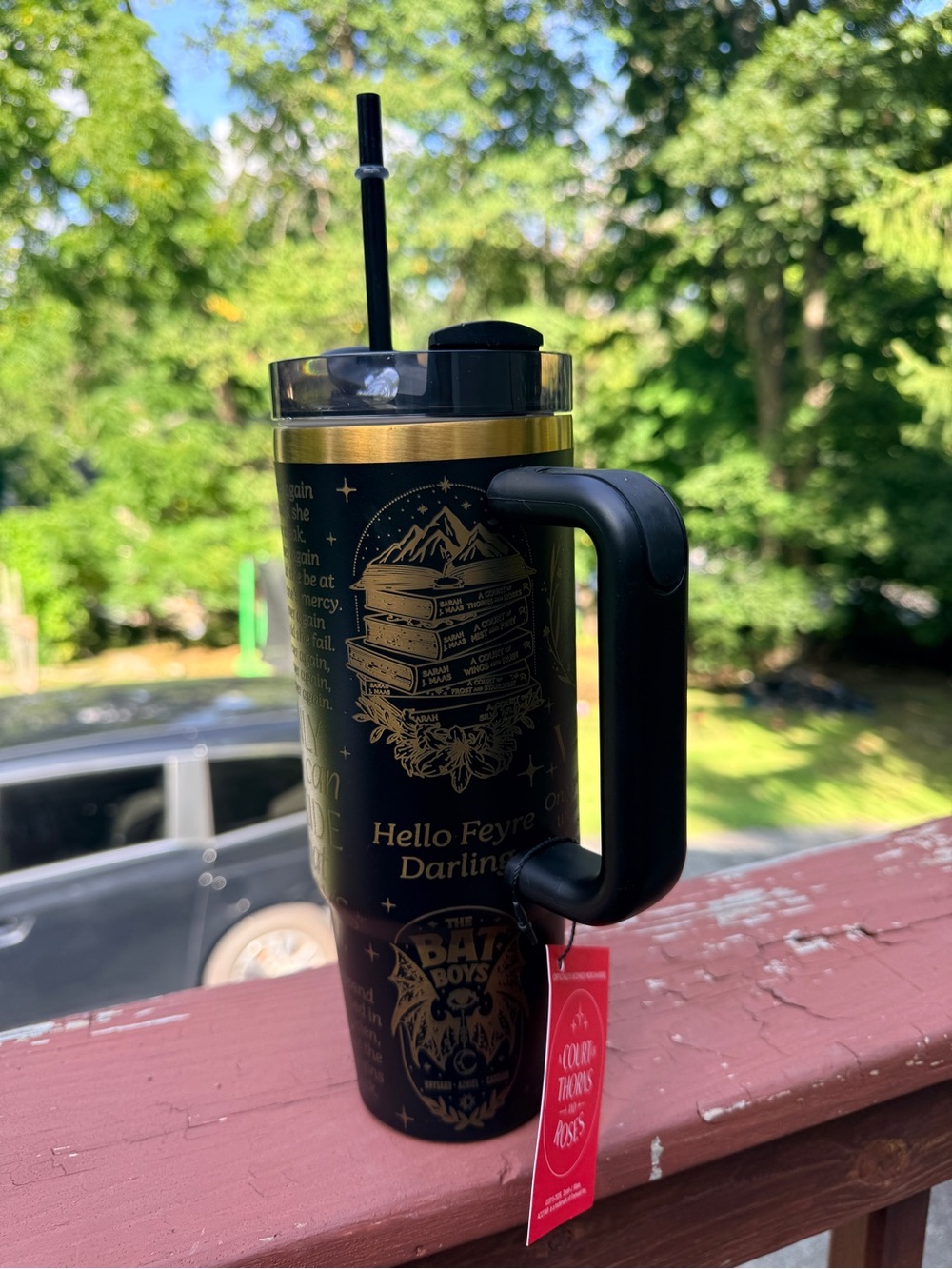 A Court of thorns and roses tumbler cup with straw